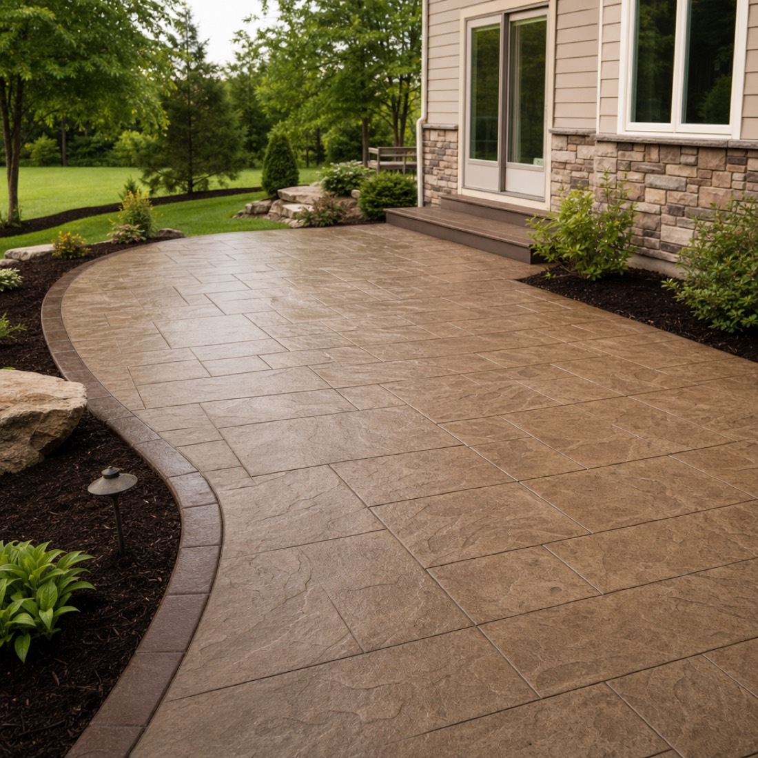 Freshly finished stamped concrete patio with a slate texture beside a backyard
