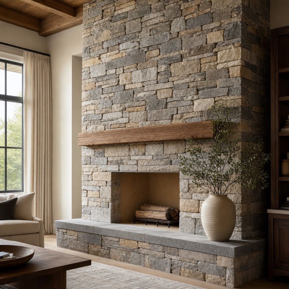 Full-height stacked ledgestone fireplace and chimney in a living room