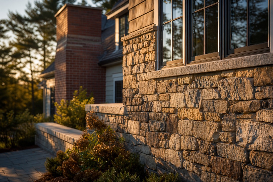 Natural fieldstone veneer and brick chimney on a New England home built by JB Masonry & Construction
