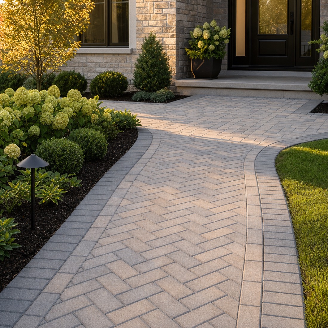 Interlocking concrete paver walkway in a herringbone pattern leading to a home
