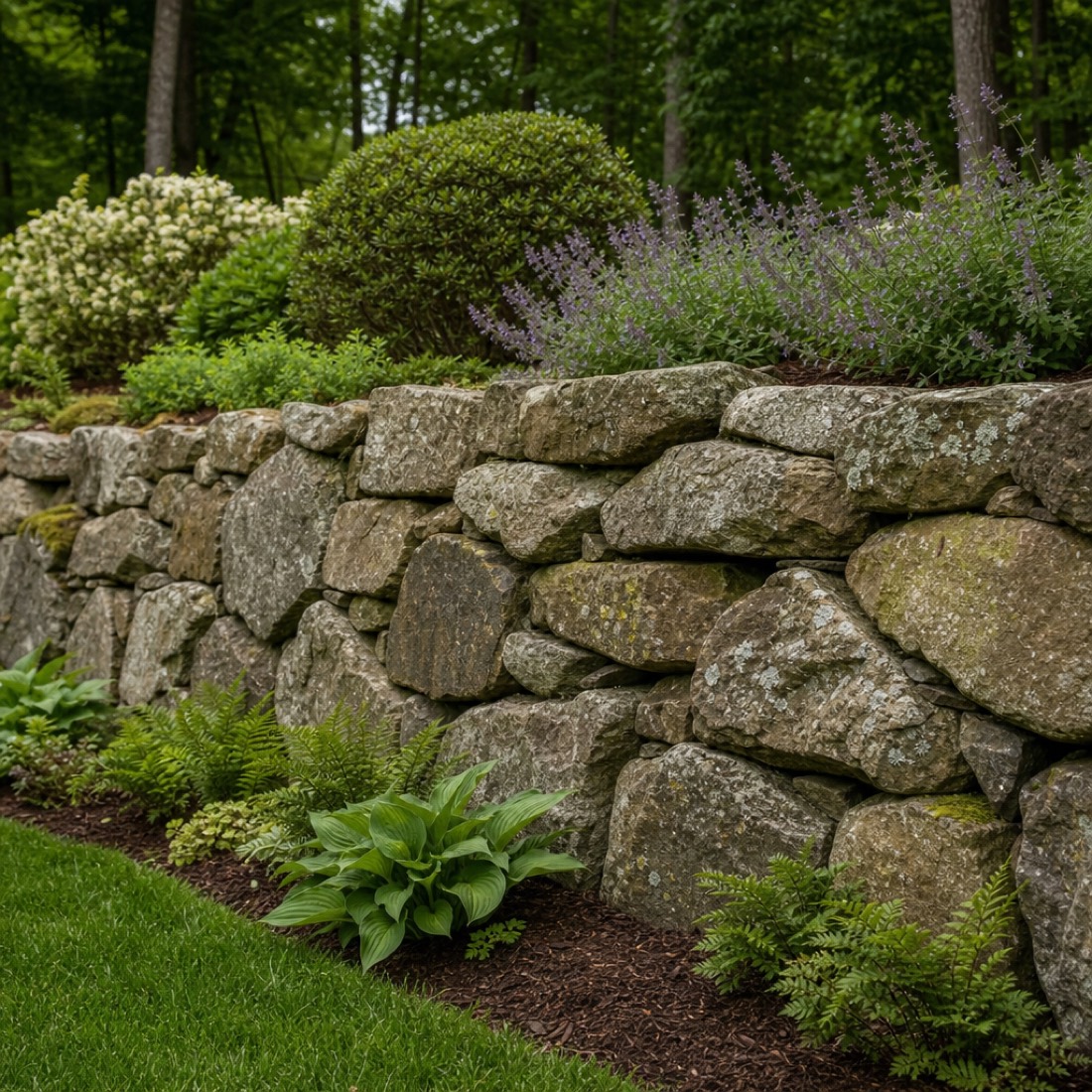 Dry-stacked natural fieldstone retaining wall beside a garden